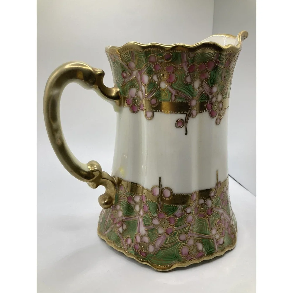 Antique Nippon Hand Painted Moriage Floral Pitcher Gold Gilt‎ Porcelain Cottage